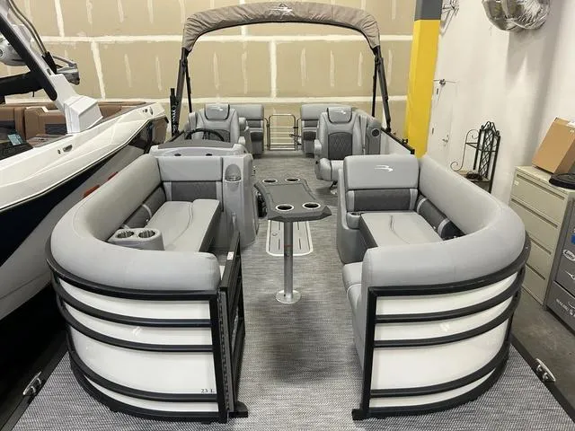 Slide: The Image of 2024 Bennington 23 LFB pontoon boat with luxurious seating and modern design. - 3
