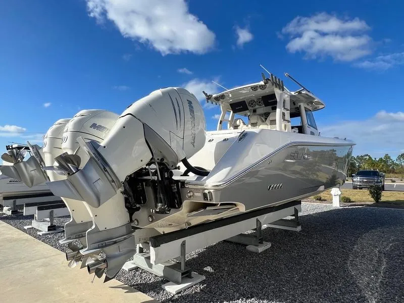 Slide: The Image of 2022 Solace 41 CS boat with powerful outboard engines on display. - 5