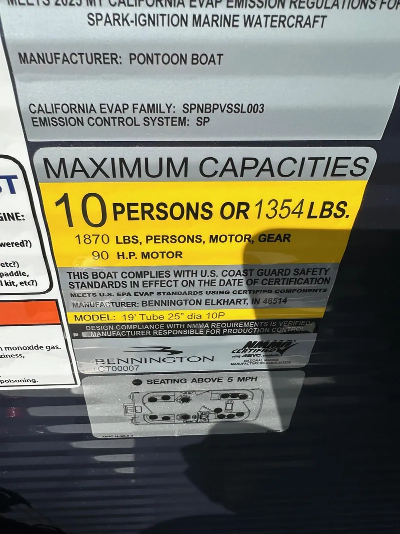 Slide: The Image of 2025 Bennington 20 SSR Quad Bench capacity label, 10 persons or 1354 lbs, 90 HP motor. - 15