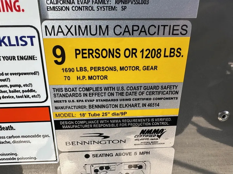 Slide: The Image of Bennington 188 SL Family 2025 boat capacity label: 9 persons, 1208 lbs, 70 HP motor. - 11