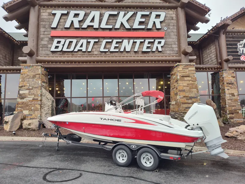 Slide: The Image of 2022 Tahoe 2150cc boat on trailer at Tracker Boat Center. - 0