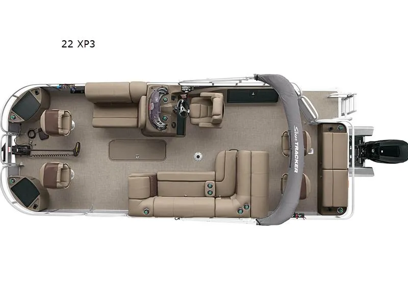 Slide: The Image of 2024 Fishin' Barge 22 XP3 pontoon boat, top view, spacious seating, and fishing amenities. - 2