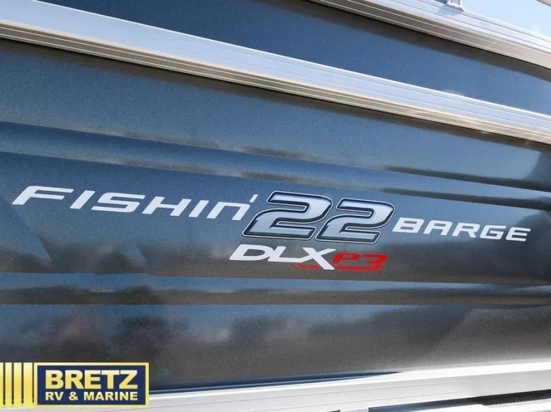 Slide: The Image of 2024 Fishin' Barge 22 XP3 boat branding, featuring DLX P3 model details. - 7