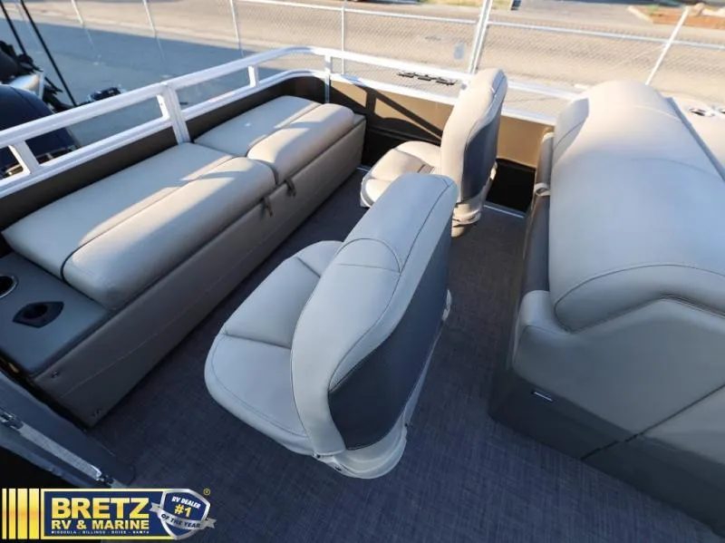 Slide: The Image of Interior of 2024 Sportfish 22 XP3 pontoon boat with plush seating. - 22