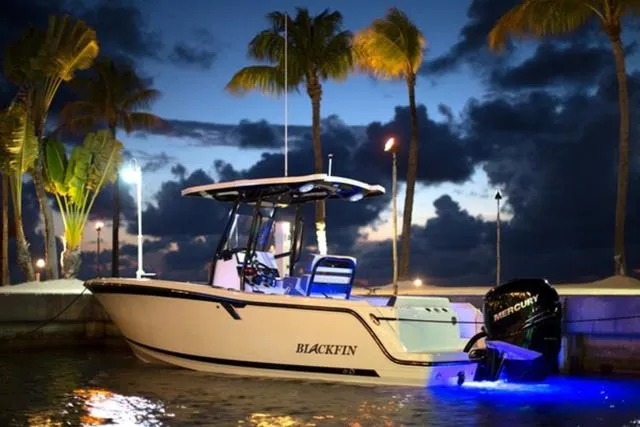 Slide: The Image of 2024 Blackfin 222CC boat illuminated at night, docked with palm trees in the background. - 9