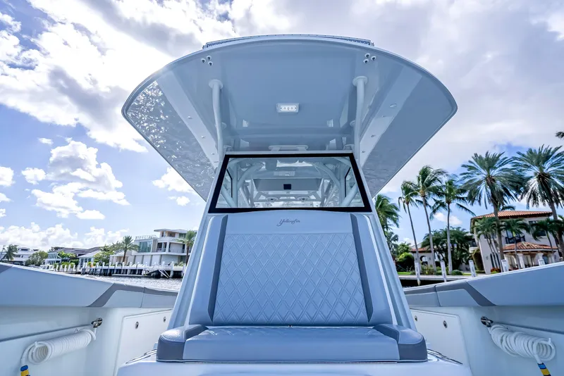 Slide: The Image of 2021 Yellowfin 39 boat with sleek design, featuring a spacious deck and modern console. - 30