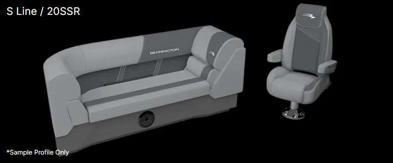 Slide: The Image of 2024 Bennington 20 SSR Quad Bench and captain's chair, gray upholstery, S Line model. - 13