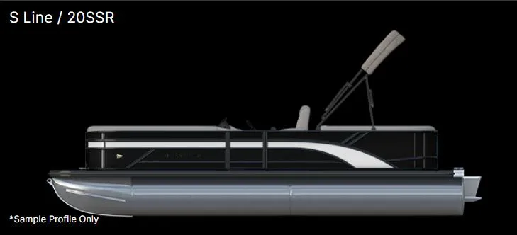 Slide: The Image of 2024 Bennington 20 SSR Quad Bench pontoon boat, side view, sleek black design. - 26