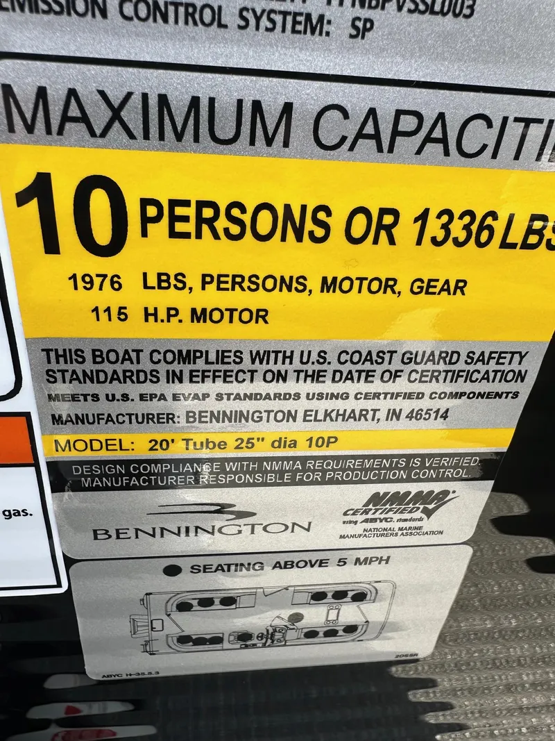 Slide: The Image of 2024 Bennington 20 SSR Quad Bench capacity label, 10 persons or 1336 lbs, 115 HP motor. - 8