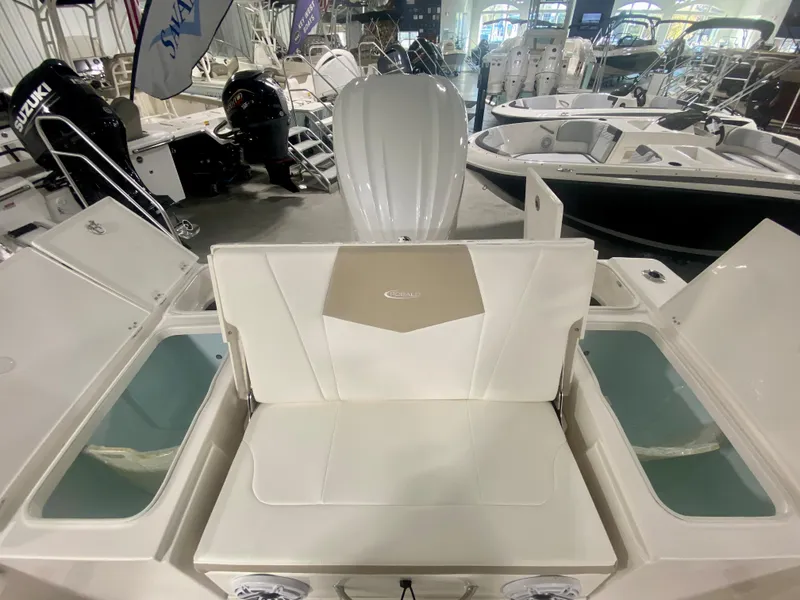 Slide: The Image of 2026 Robalo 246 Cayman boat interior with seating and storage compartments. - 10