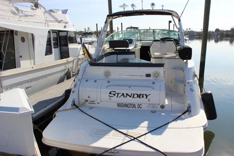 Slide: The Image of 2014 Sea Ray 350 Sundancer docked, rear view, named "Standby," Washington, DC. - 9