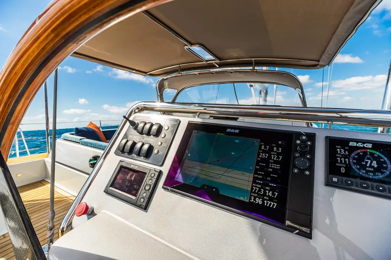 Slide: The Image of Cockpit of 2011 Alia Yachts Warwick 82 LK with navigation instruments. - 12