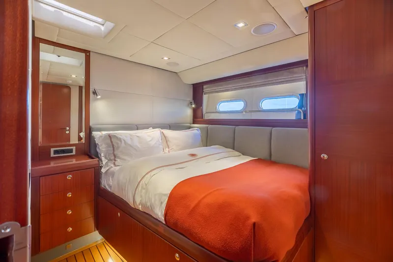 Slide: The Image of Luxurious bedroom on the 2011 Alia Yachts Warwick 82 LK with wood finishes and cozy bedding. - 38