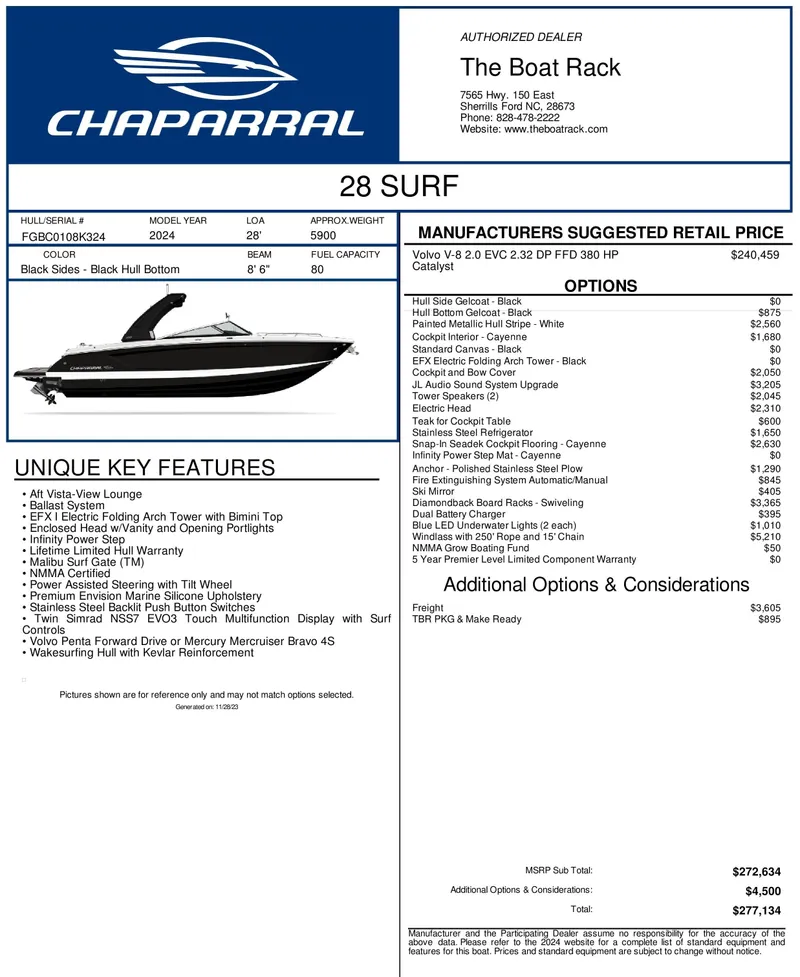 Slide: The Image of 2024 Chaparral 28 Surf boat features and pricing details. - 16