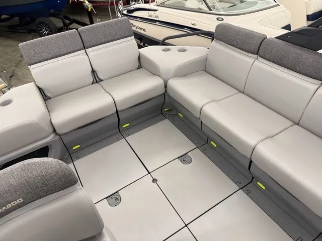 Slide: The Image of Interior of 2023 Sea-Doo Switch Cruise 21 with gray seating. - 12