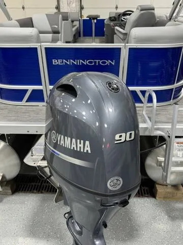 Slide: The Image of 2024 Bennington 20 SVSR pontoon boat with Yamaha 90 outboard motor. - 20
