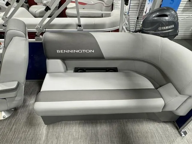 Slide: The Image of 2024 Bennington 20 SVSR boat interior seating, gray and white upholstery. - 8