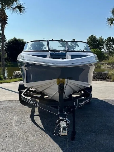 Slide: The Image of 2024 Tahoe 185 S boat on trailer, front view, outdoors. - 2