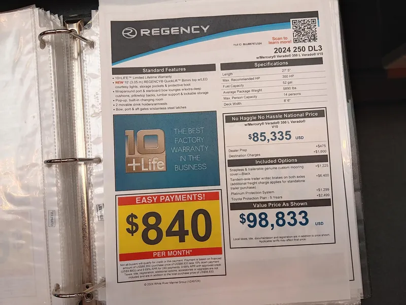 Slide: The Image of 2024 Regency 250 DL3 price sheet with warranty and payment details. - 12