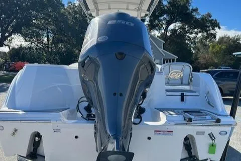 Slide: The Image of 2024 Sea Fox 248 Commander boat with powerful outboard motor, rear view. - 3