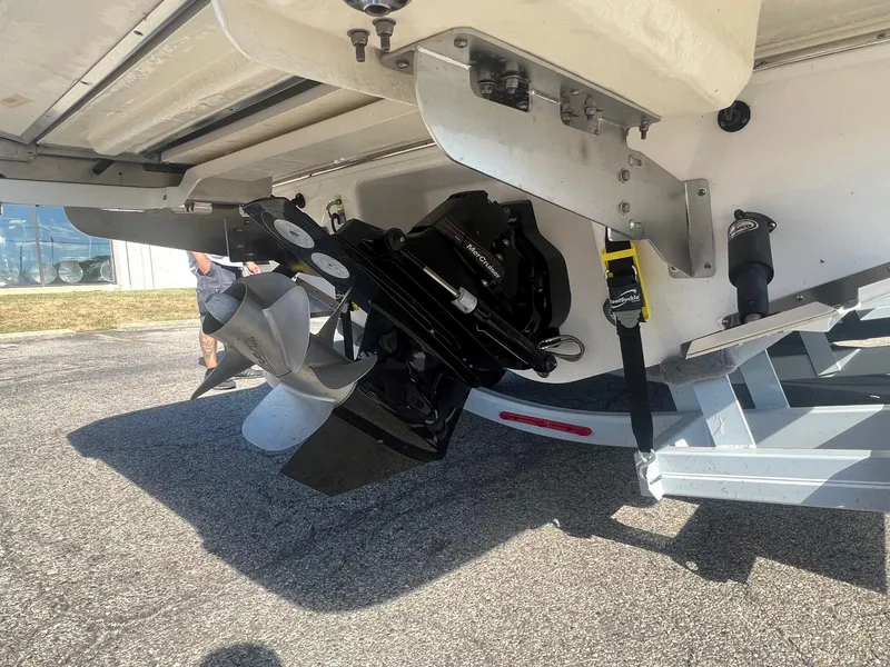 Slide: The Image of 2024 Chaparral 287 SSX boat propeller and stern on trailer. - 12