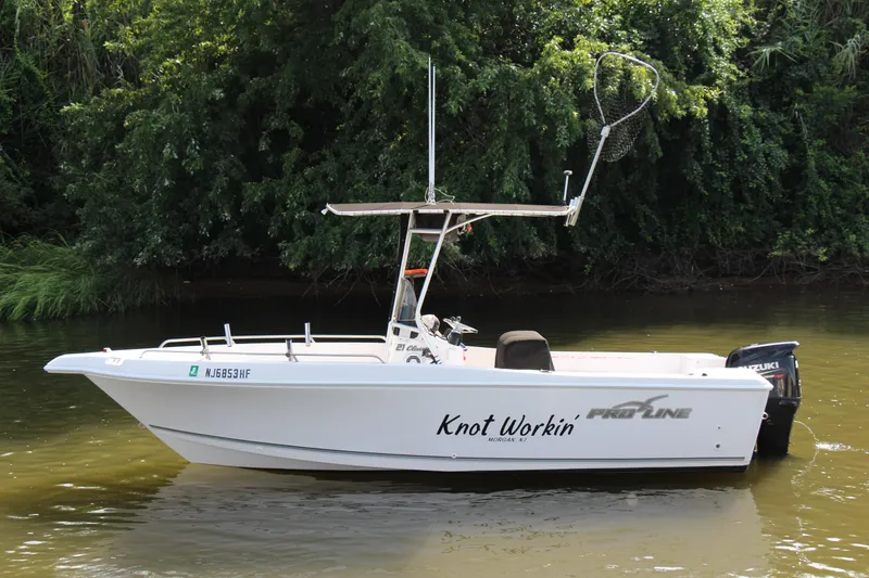 Slide: The Image of 2014 Pro-Line 21 CC boat named Knot Workin on a calm river. - 1