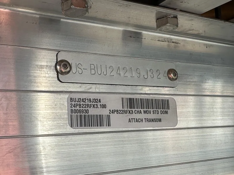 Slide: The Image of 2024 Sun Tracker Party Barge 22 RF XP3 hull identification number and barcode. - 21