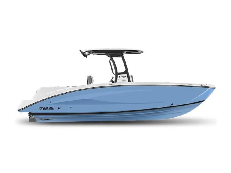The Image of 2024 Yamaha Boats 255 FSH Sport E, side view, blue and white hull. - 1