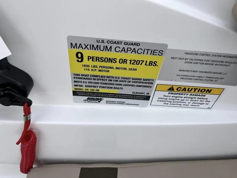 Slide: The Image of 2023 Hurricane SS185-OB boat capacity label: 9 persons or 1207 lbs, 115 HP motor. - 17