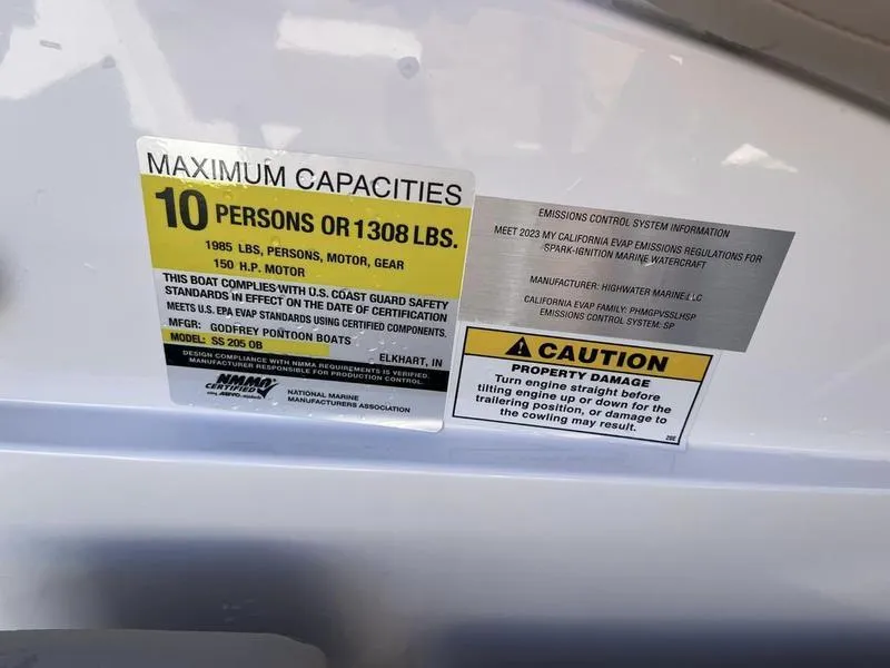 Slide: The Image of 2023 Hurricane SS205-OB boat capacity and safety labels, 10 persons or 1308 lbs, 150 HP motor. - 17