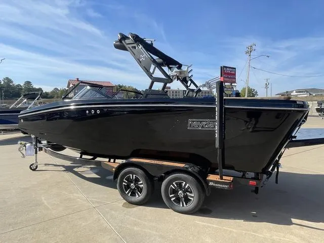 Slide: The Image of 2023 Heyday WT-2DC black boat on a trailer in a marina. - 1