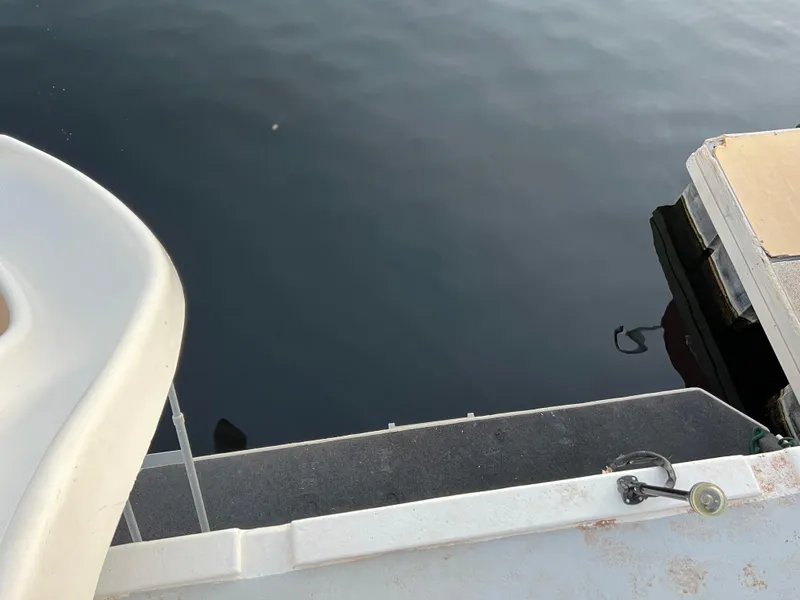 Slide: The Image of View from Custom Escalante share #8 boat, 1998 model, docked by calm water. - 26