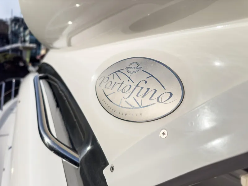 Slide: The Image of Close-up of 2007 Sunseeker Portofino 47 yacht nameplate. - 12