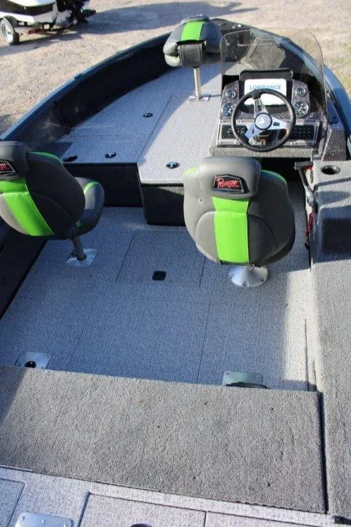 Slide: The Image of 2024 Ranger VS1882SC Angler boat interior with green and black seats. - 6