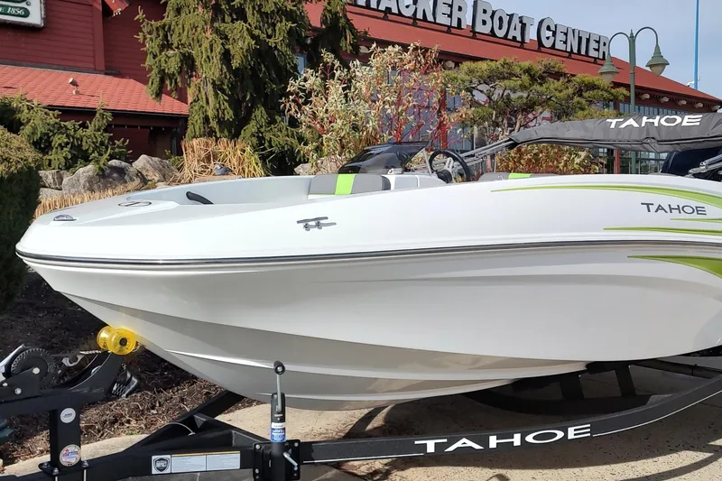Slide: The Image of 2024 Tahoe T16 boat displayed at Tracker Boat Center, featuring sleek design and modern aesthetics. - 0
