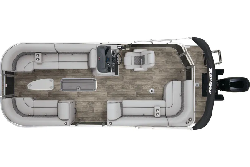 Slide: The Image of 2024 Ranger Reata 223C pontoon boat, top view, spacious seating, modern design. - 16