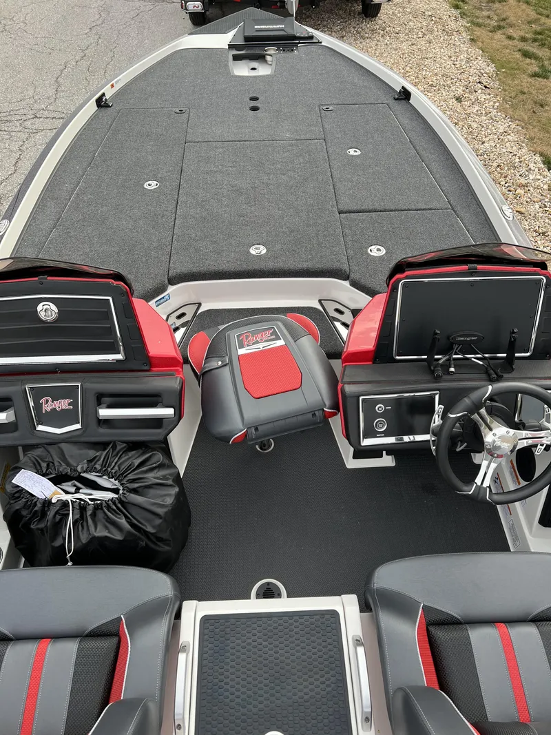 Slide: The Image of 2024 Ranger Z521R boat interior with dual consoles and advanced navigation systems. - 9