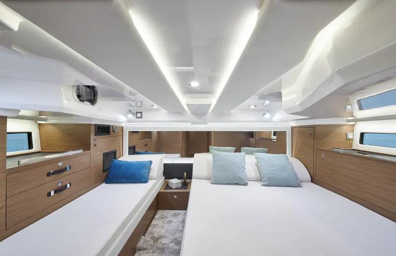 Slide: The Image of Luxurious cabin interior of 2021 Jeanneau Leader 12.5 with modern design and comfortable bedding. - 13