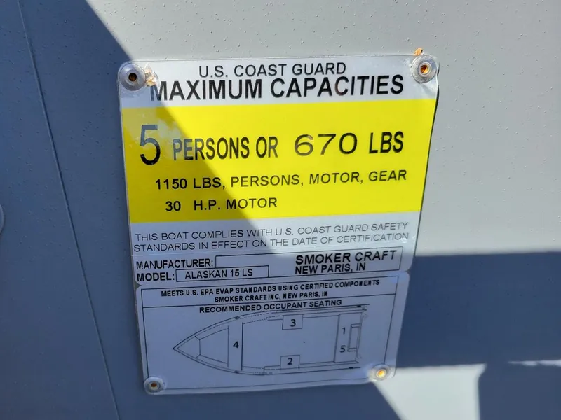 Slide: The Image of U.S. Coast Guard capacity label for 2024 Smoker Craft 15' Alaskan Tiller v-bottom boat. - 5