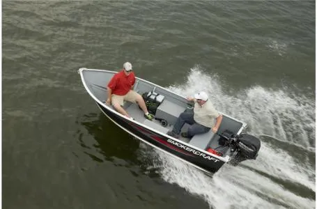 Slide: The Image of 2024 Smoker Craft 15' Alaskan Tiller v-bottom boat on water. - 9