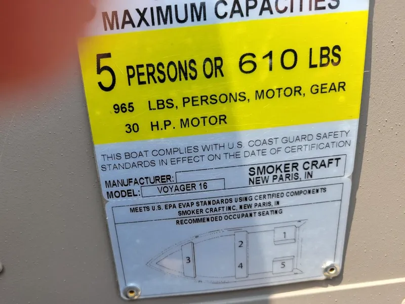 Slide: The Image of Capacity label for 2025 Smoker Craft 16 Voyager, 5 persons or 610 lbs. - 4