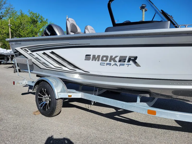Slide: The Image of 2024 Smoker Craft Ultima 172 boat with Yamaha 115, on trailer, sunny day. - 3