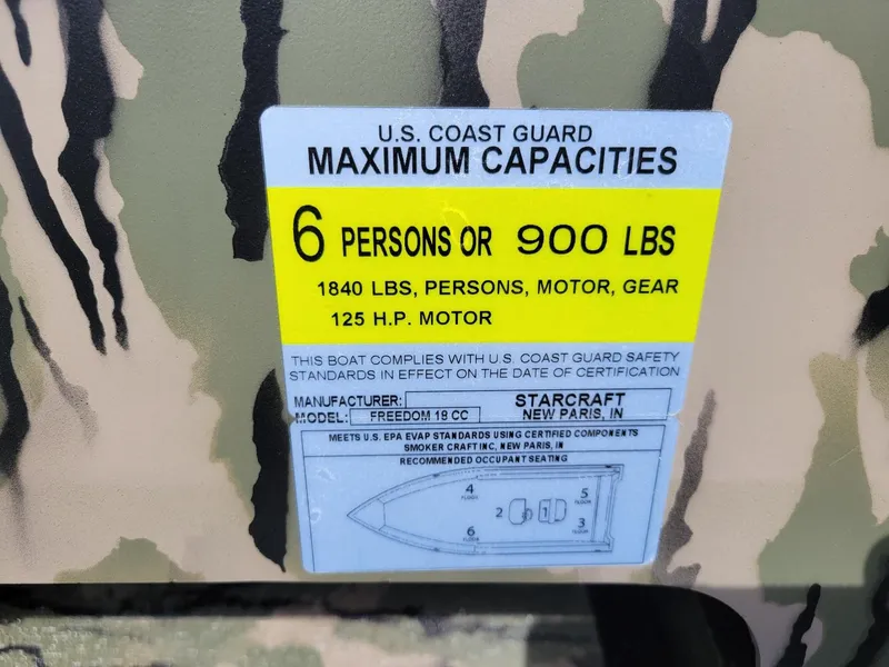 Slide: The Image of U.S. Coast Guard capacity label on 2024 Smoker Craft Freedom 180 CC center console, Camo. - 15