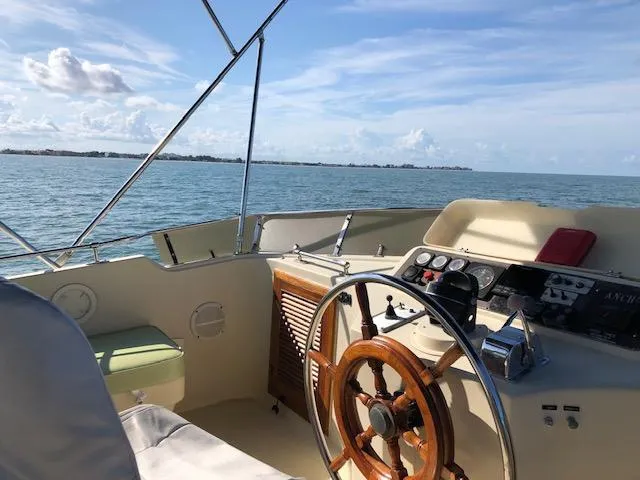 Slide: The Image of 1988 Kha Shing 40 Sundeck boat helm with ocean view and clear sky. - 10