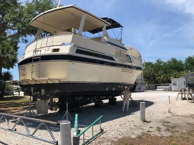 Slide: The Image of 1988 Kha Shing 40 Sundeck yacht on dry dock with a person standing beside it. - 42