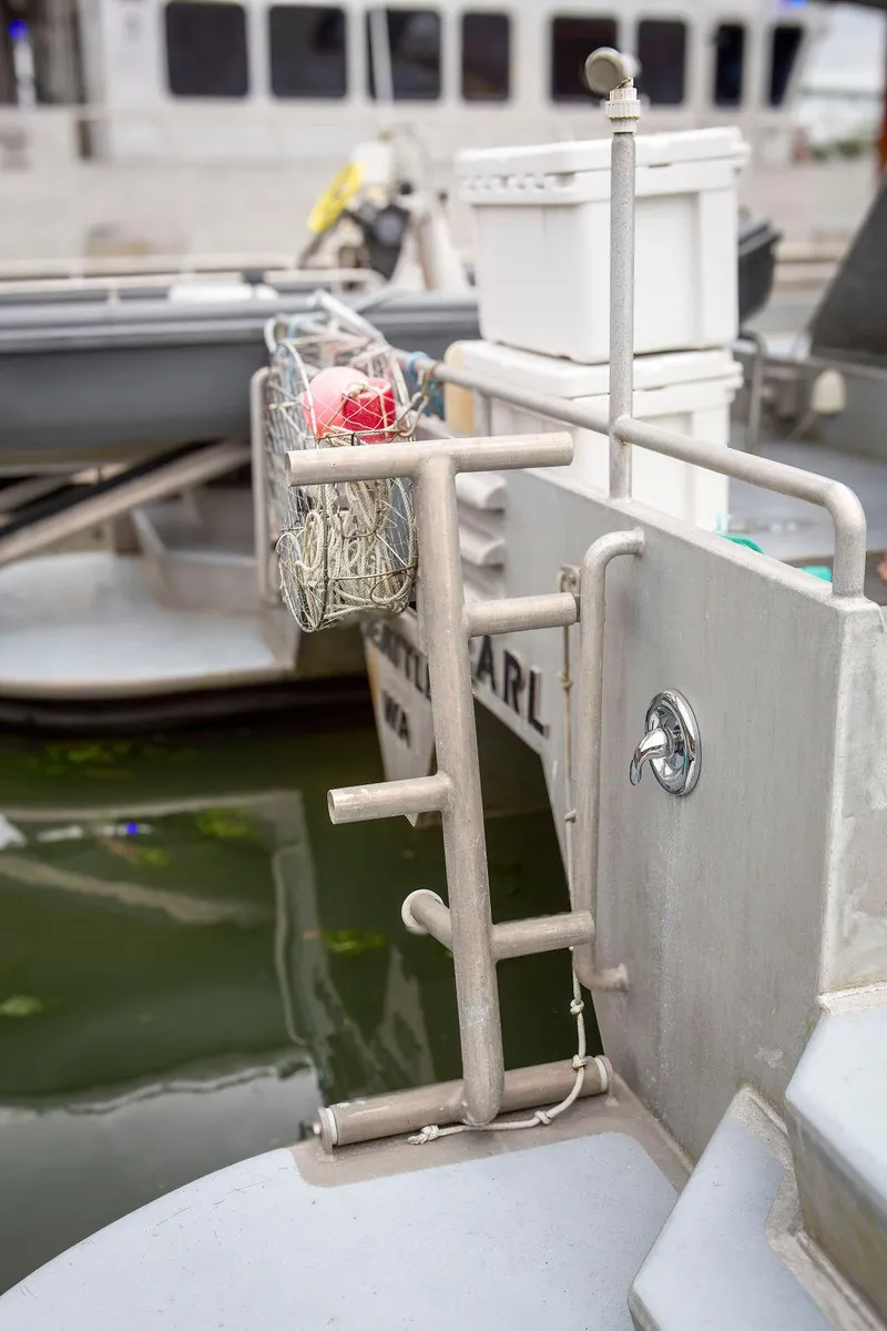 Slide: The Image of Custom 62 Catamaran, 2008 model, docked with visible ladder and safety equipment. - 48