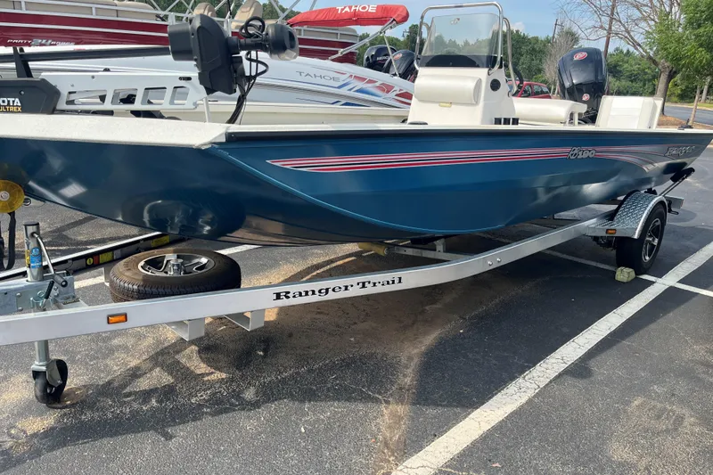 The Image of 2024 Ranger RB190 boat on trailer in parking lot, featuring sleek blue design. - 0