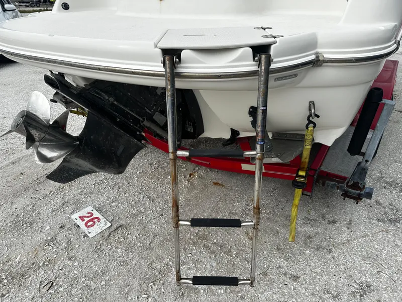 Slide: The Image of 2011 Stingray 250 LR boat with extended swim ladder and propeller. - 9