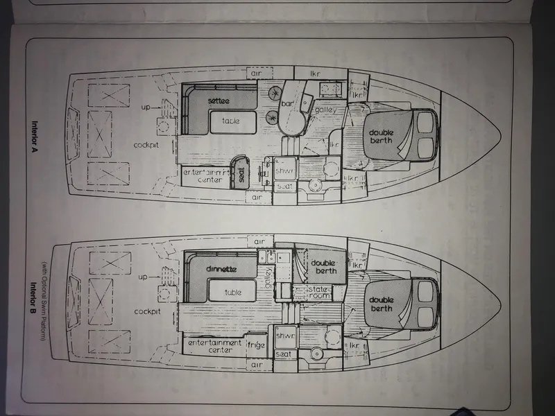 Slide: The Image of Floor plan of a 1990 Mediterranean 38 Sport Fisher yacht, showing interior layout options. - 28