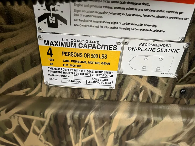 Slide: The Image of 2024 Lowe Roughneck RX1660 SC boat capacity label, U.S. Coast Guard maximum capacities, 4 persons or 500 lbs. - 15
